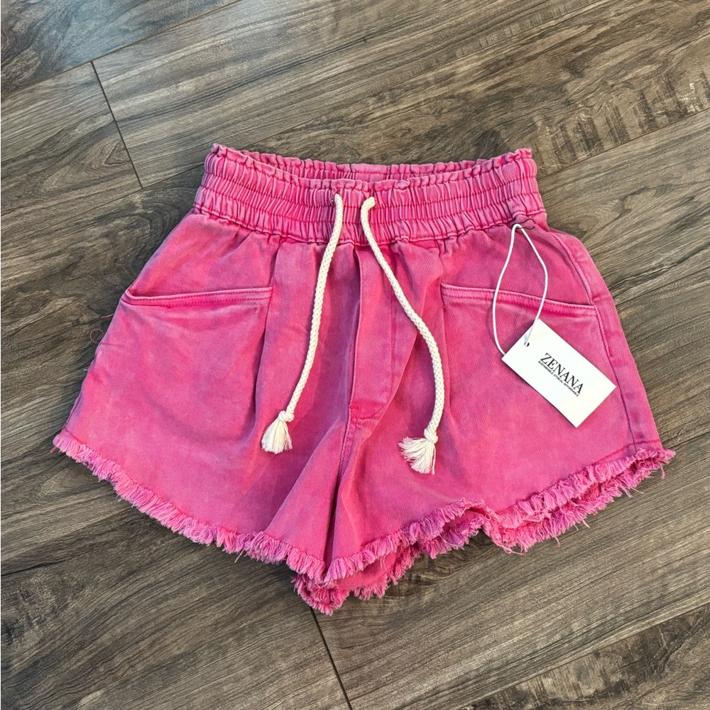 Zenana Outfitters Hot Pink Fringe Drawstring Women's Athletic Shorts